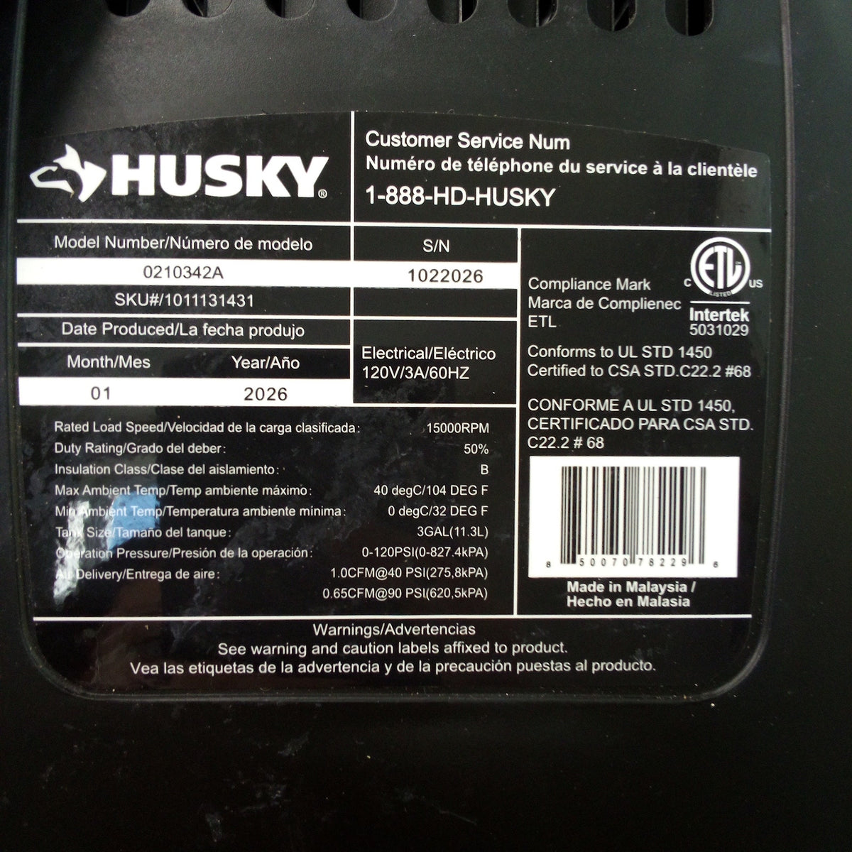 Husky 3 Gallon Pancake Air Compressor 120 PSI Oil-Free Portable Electric