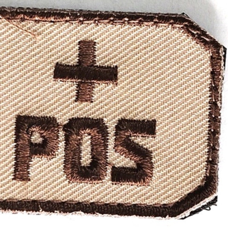 Large B+ POS Blood Type Patch Embroidered Brown on Tan 2‑1/2" × 1‑1/8" Hook Back