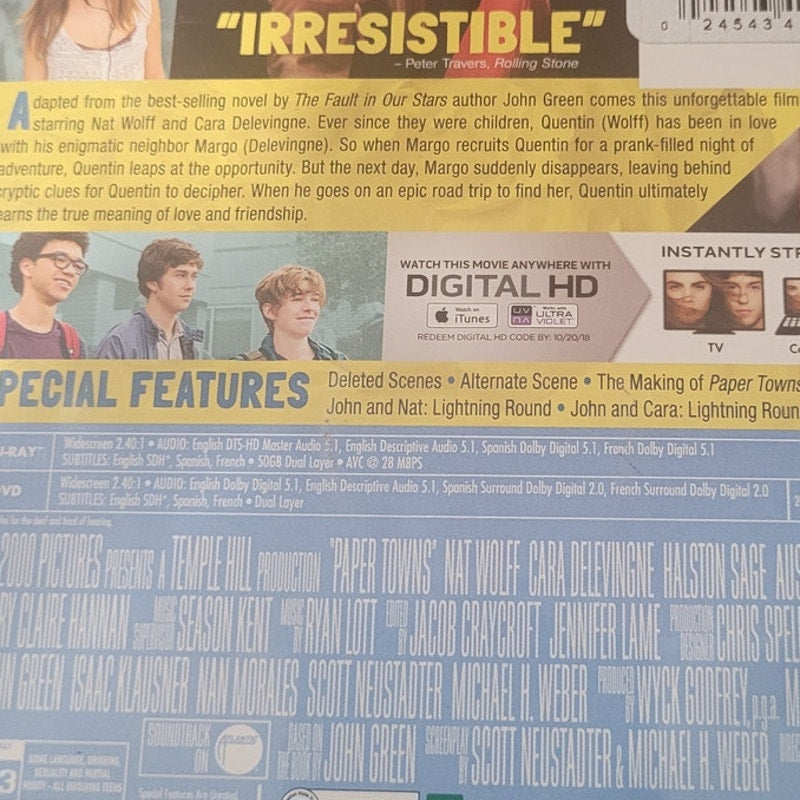 Paper Towns Blu-ray + DVD 2015 Teen Romance Mystery Drama, John Green Book Based