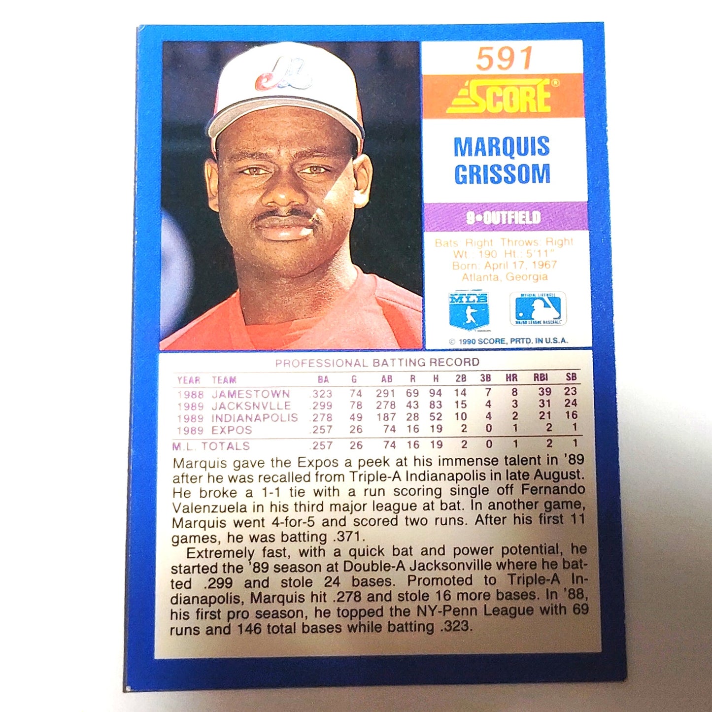 1990 Score Marquis Grissom RC #591 Montreal Expos Outfielder Rookie MLB EX