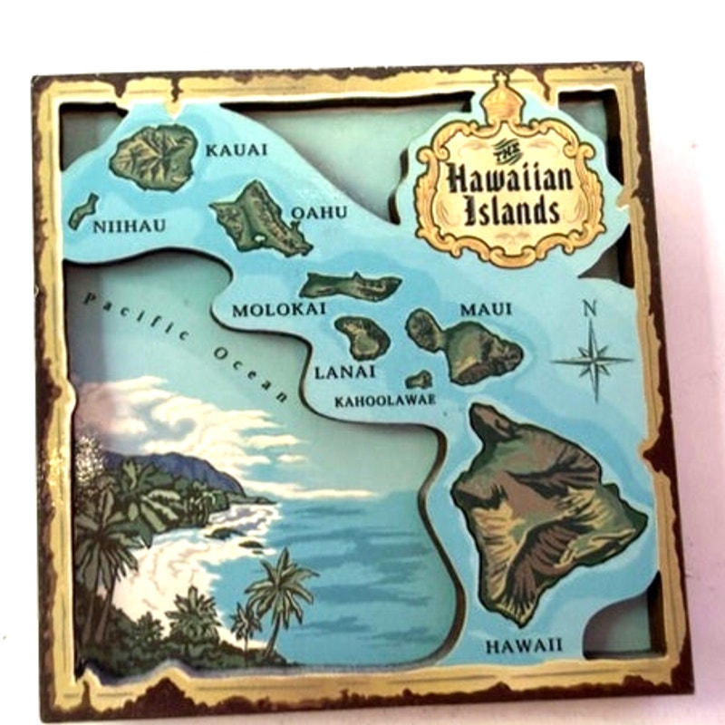 Hawaii Island Chain 3‑D Magnet MDF Wood Souvenir 2‑3/4" × 2‑3/4"