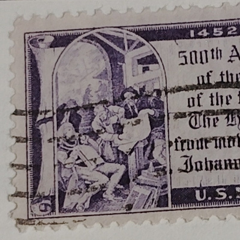 1952 3¢ Gutenberg Bible 500th Anniversary Stamp, Scott 1014 Printing Press Mural