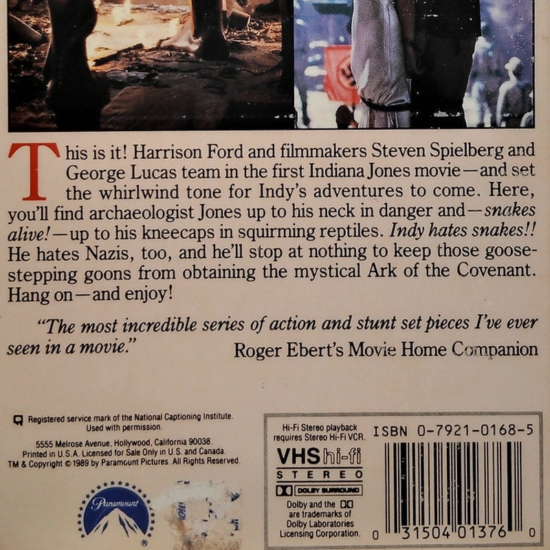 Indiana Jones Raiders of the Lost Ark VHS 1981 Harrison Ford Adventure Vintage