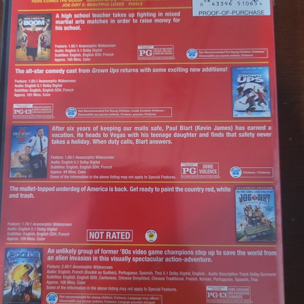 Comedy 5-Movies - Grown Ups 2 Here Comes the Boom Joe Dirt 2 Mall Cop 2 Pixels