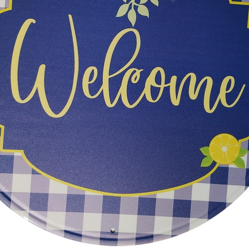 11.75" Round Tin Sign – “Welcome” Lemons & Blossoms – Blue Gingham Farmhouse Style