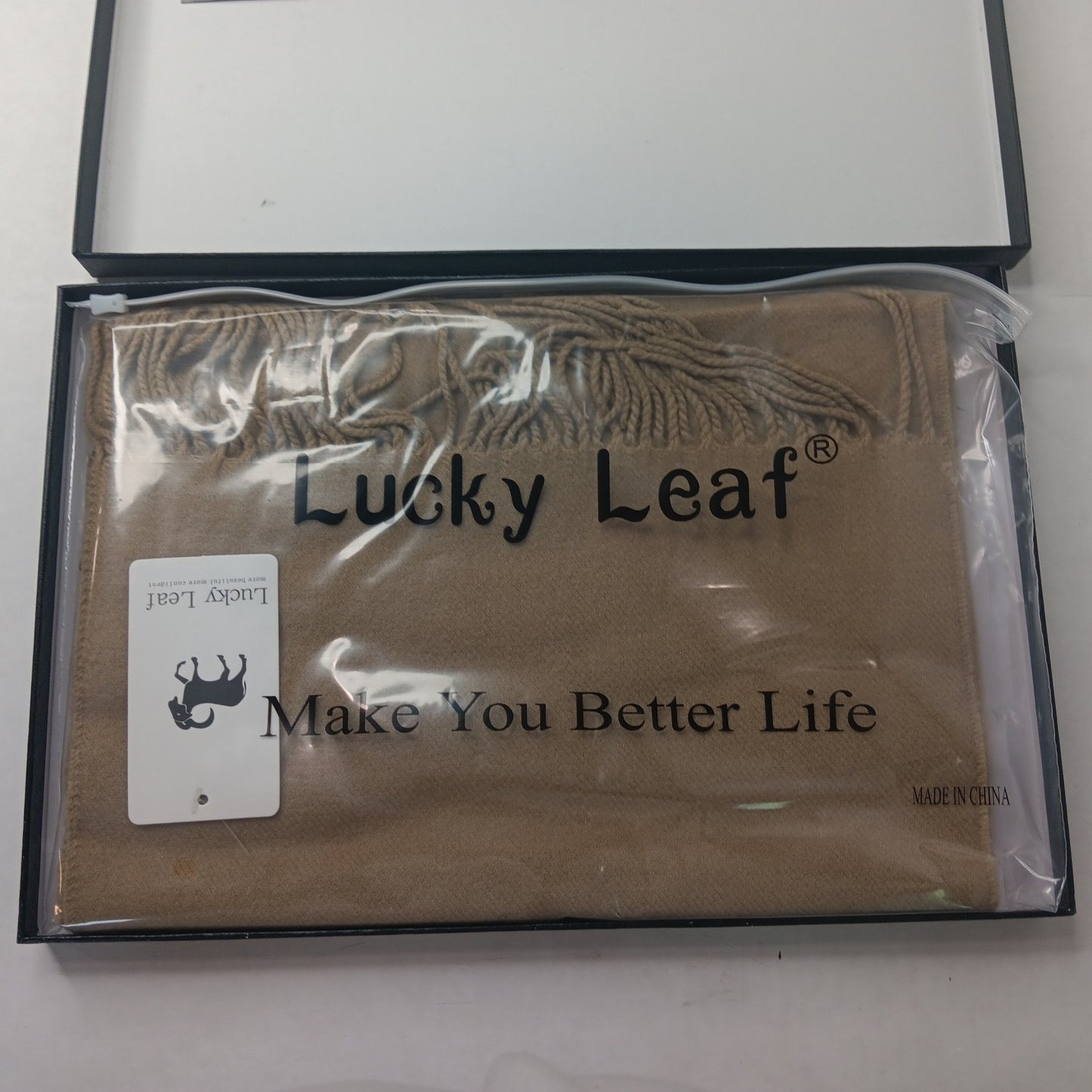 Lucky Leaf 100% Wool Woven Wrap Scarf Camel Fringe One Size