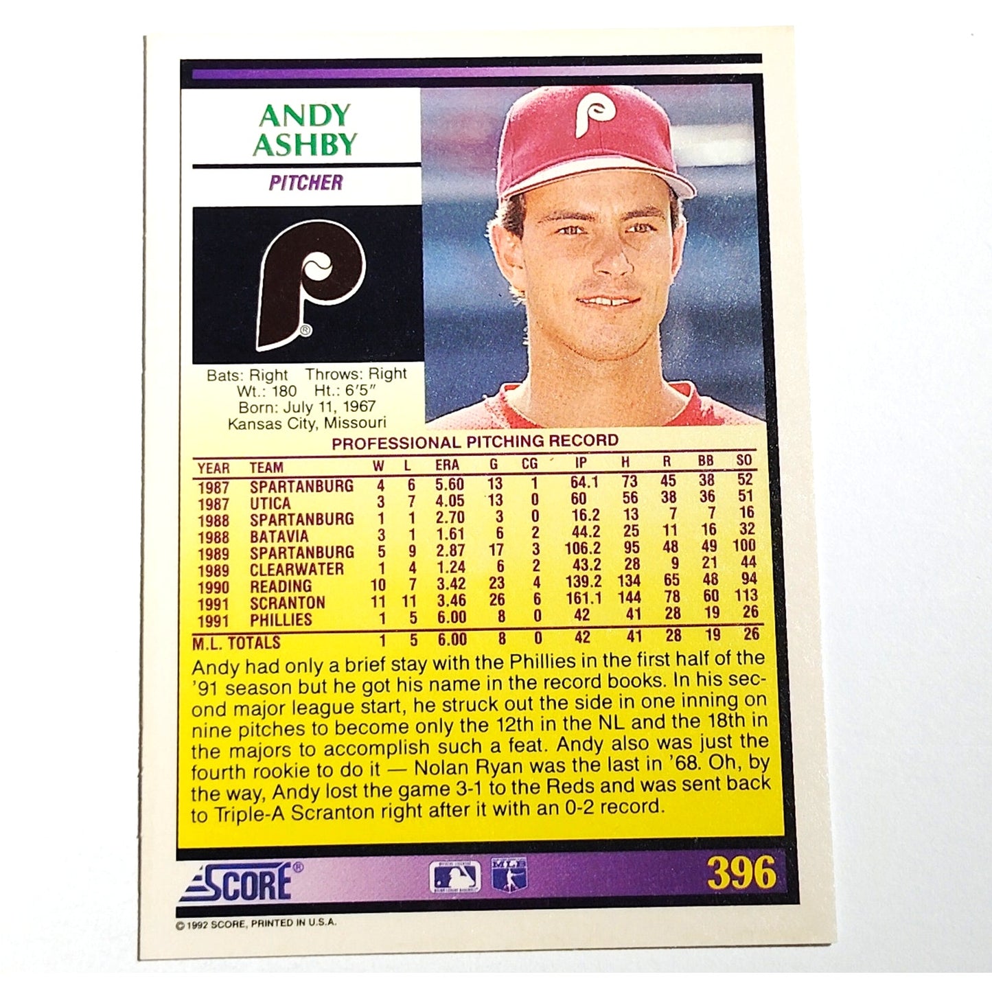 1992 Score Andy Ashby #396 Philadelphia Phillies Pitcher MLB Baseball NM