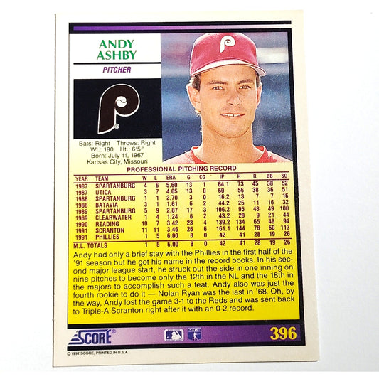 1992 Score Andy Ashby #396 Philadelphia Phillies Pitcher MLB Baseball NM