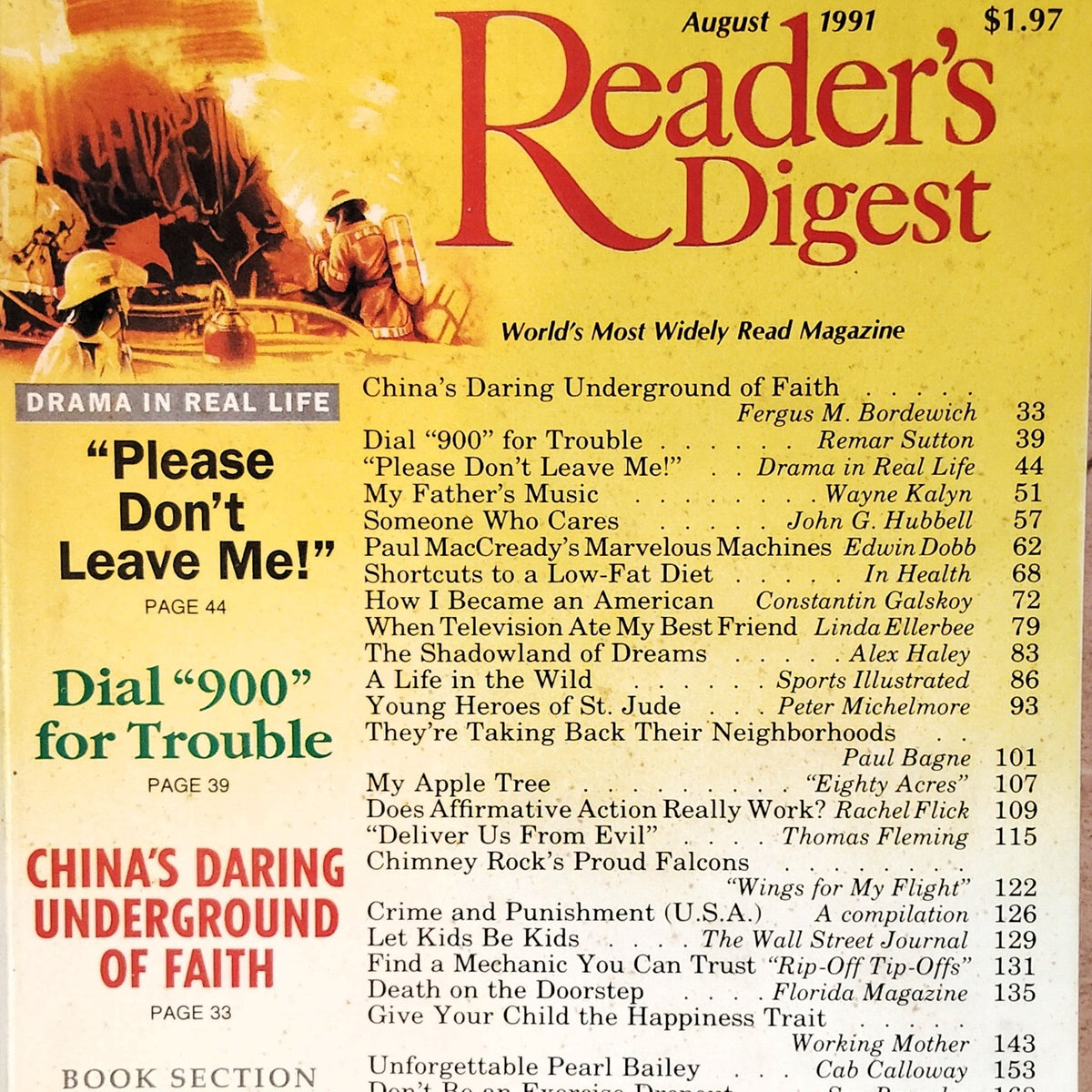 Reader's Digest Magazine August 1991 70th Year Vintage Firefighter Cover