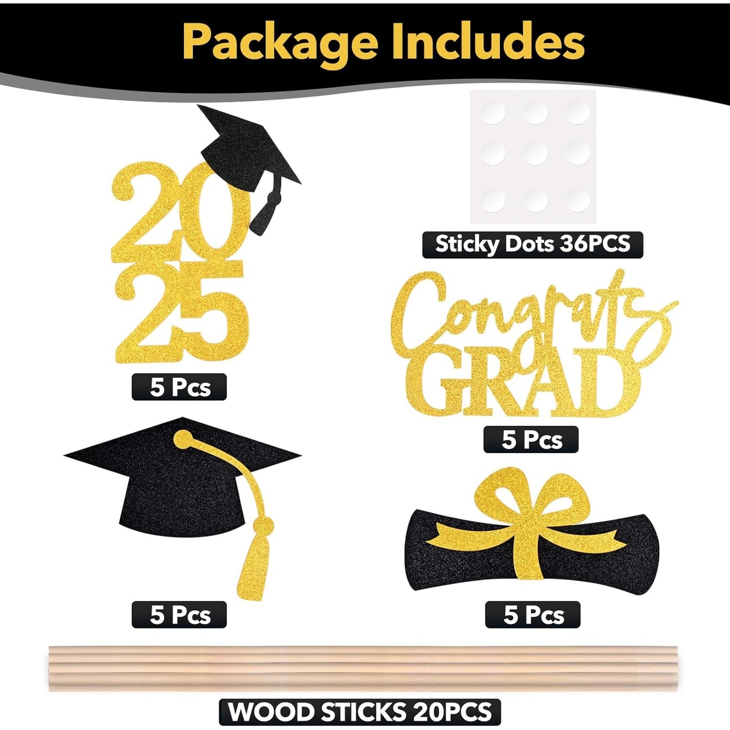 2025 Graduation Centerpiece Set – 20Pcs Black/Gold Glitter Table Toppers