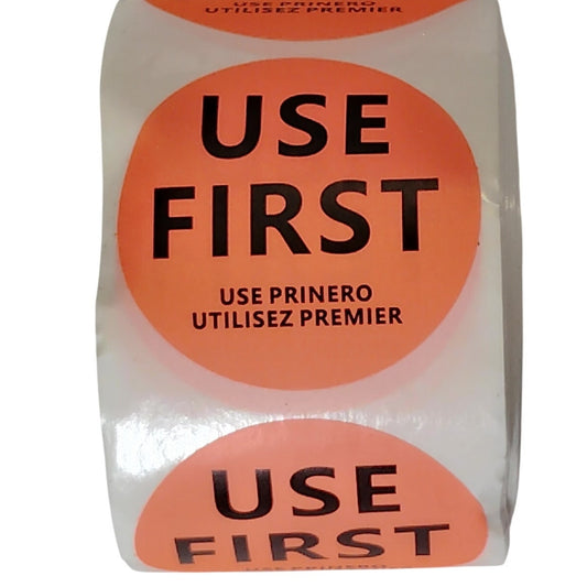 500 Ct. Roll, Orange “Use First” Labels 1.5" Round Multilingual Inventory Labels