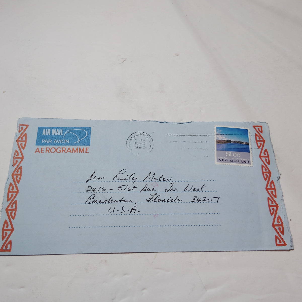 Vintage 1990 New Zealand Aerogramme Wellington Cover $1.00 Waikaremoana Stamp