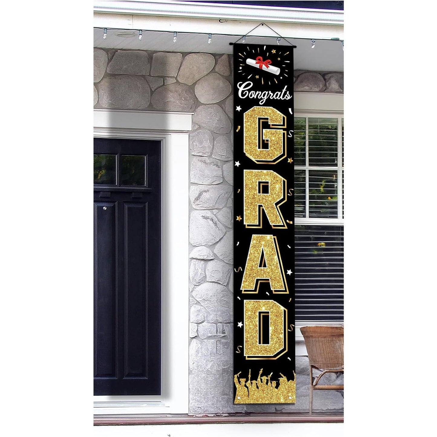 Congrats Grad Vertical Banner Gold Hanging Porch Or Wall Signage 72 in ×12 in