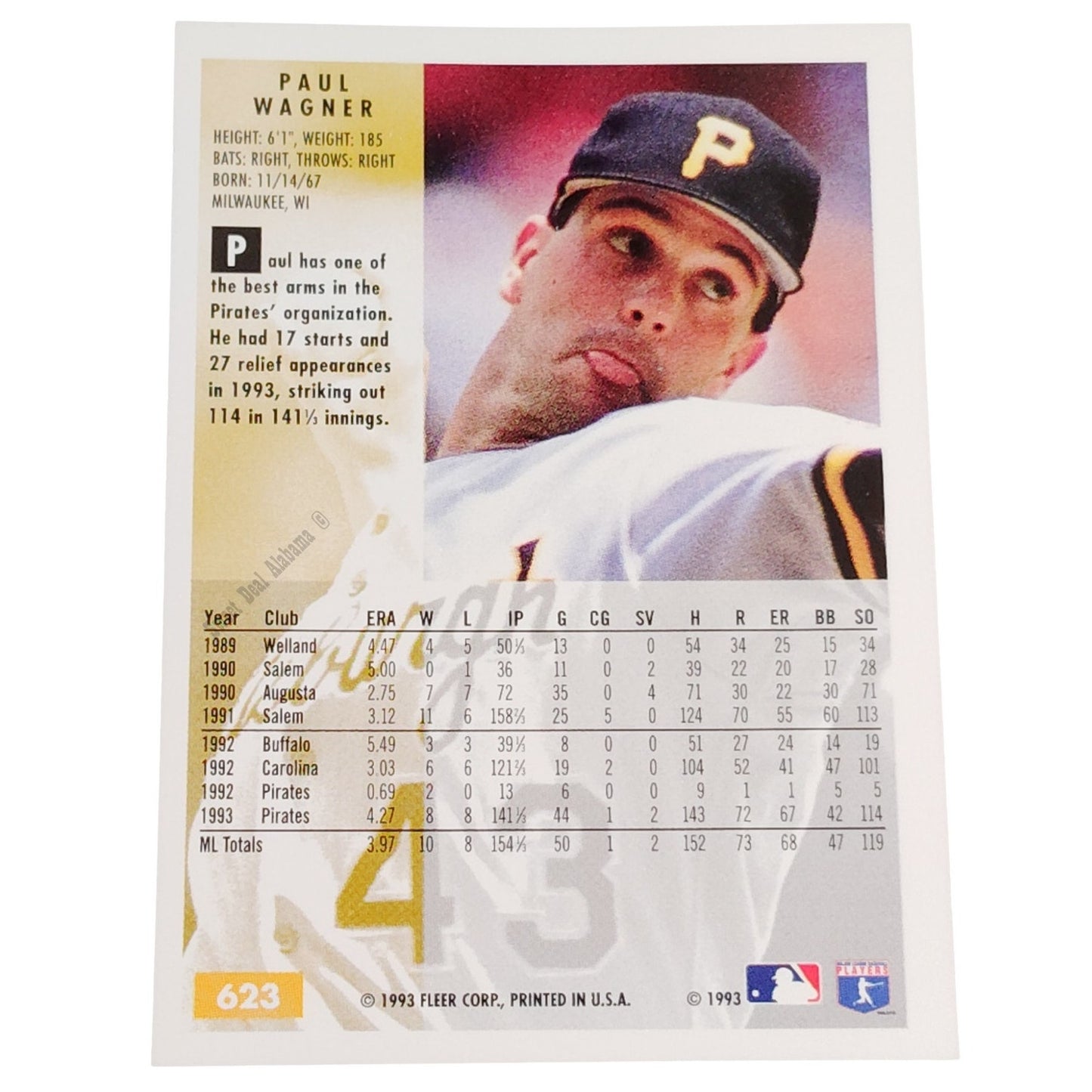 Paul Wagner, Pittsburgh Pirates, #623, 1994 Fleer Baseball Collector's Card