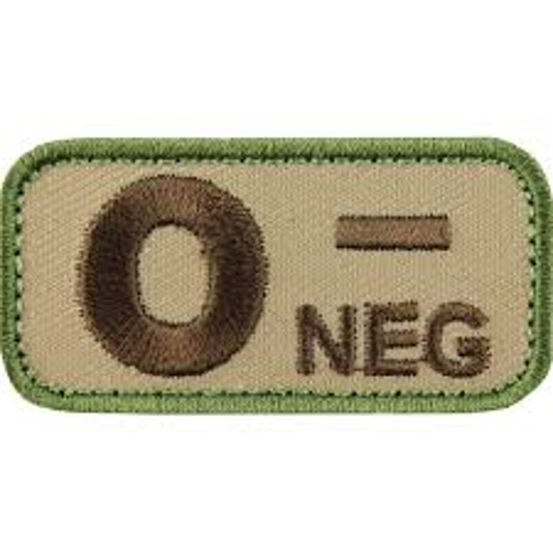 O‑ NEG Blood Type Patch Brown on Tan w/ Green Border 2" × 1" Hook‑Back