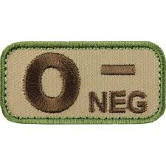 O‑ NEG Blood Type Patch Brown on Tan w/ Green Border 2" × 1" Hook‑Back