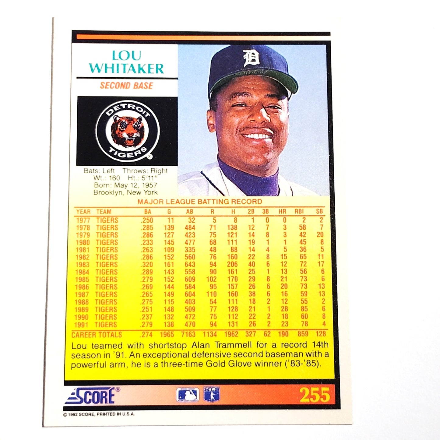1992 Score Lou Whitaker #255 Detroit Tigers Second Baseman MLB Baseball NM