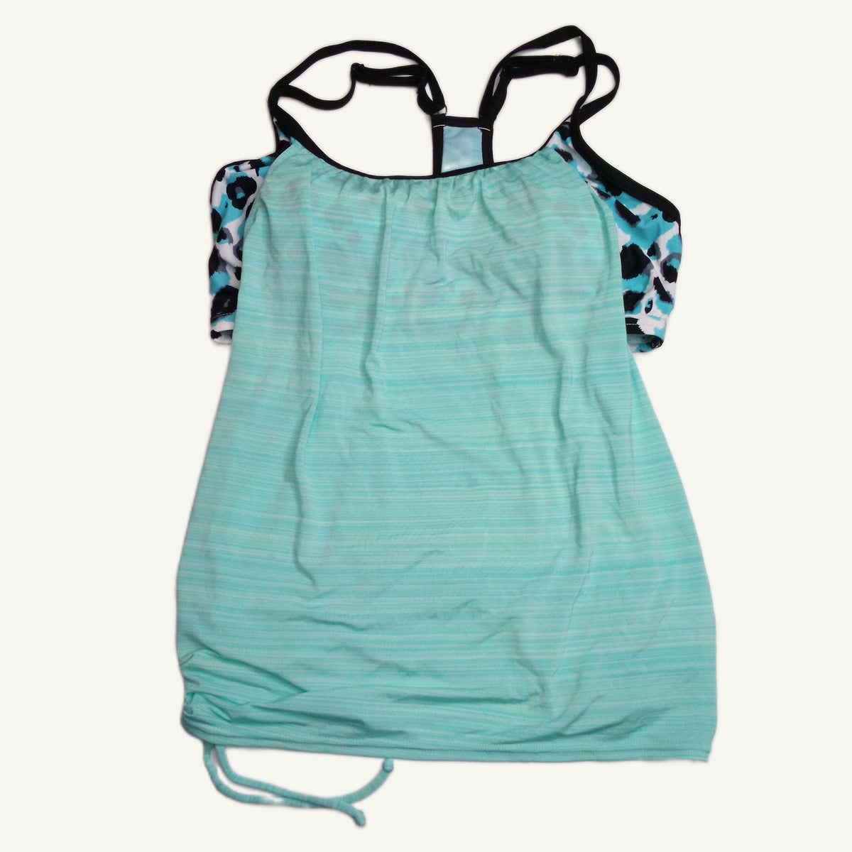 L Teal Leopard Print Racerback Tankini Top with Built-in Padded Bra