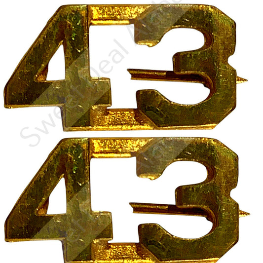 c.1920s Numeric "43", Brass Military C-Clasp Hat / Collar Pins Set 3/8"H