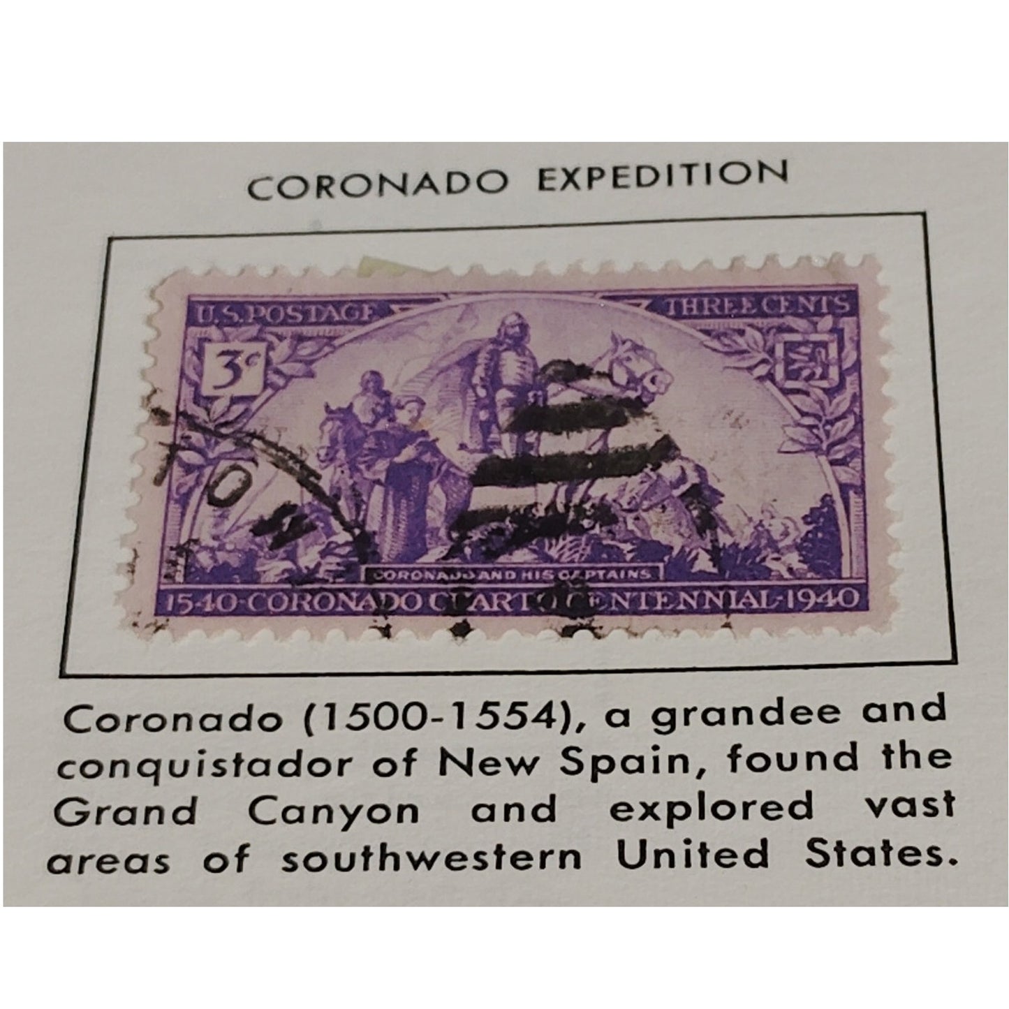 1940 3¢ Coronado Expedition Stamp – Scott 898 – Violet – Southwest Exploration