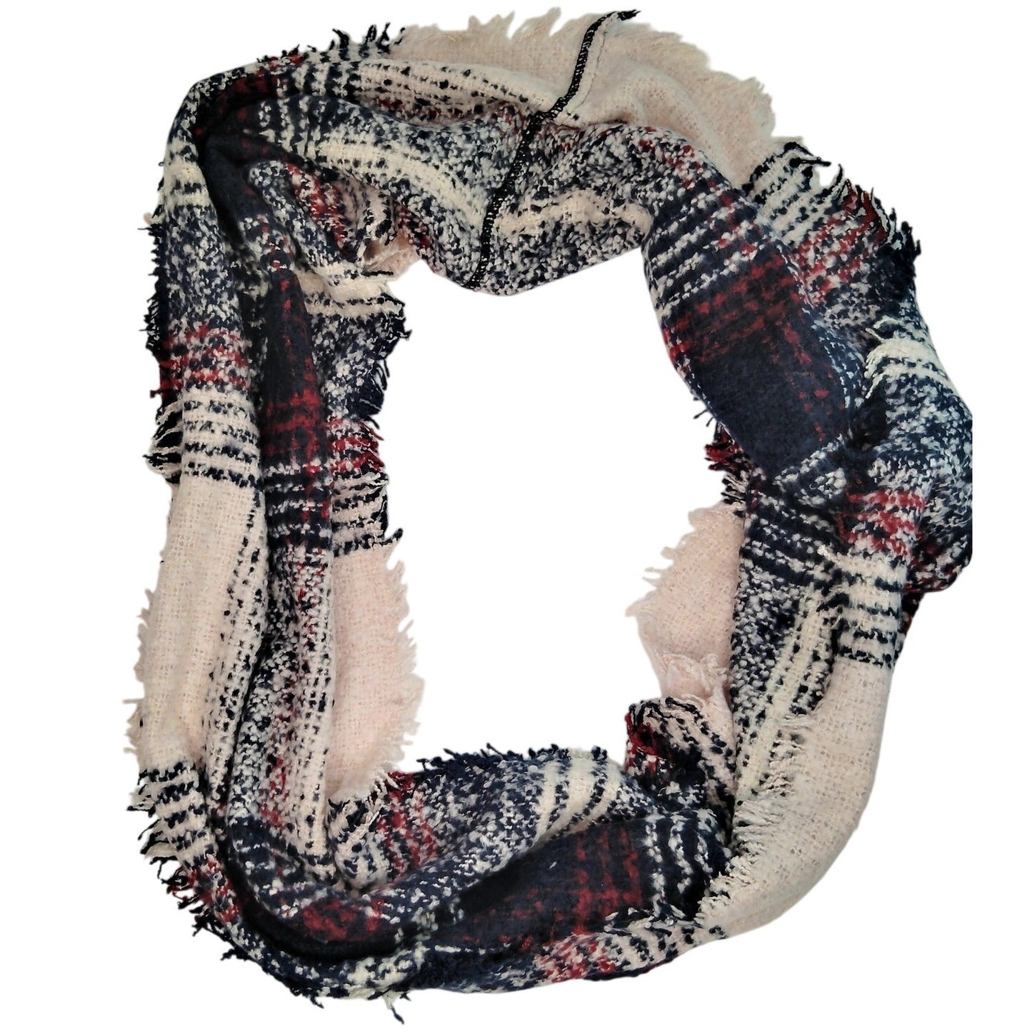 Lucky Leaf Infinity Scarf w/ Tassels Lightweight 100% Acrylic,  Pink Navy Plaid