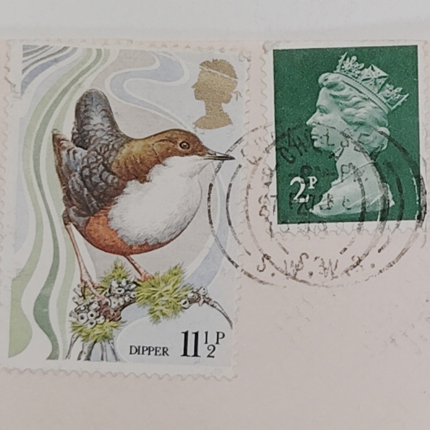 1970s British Postage Stamps, Canceled ½p 2p 11½p Queen Elizabeth II Dipper Bird
