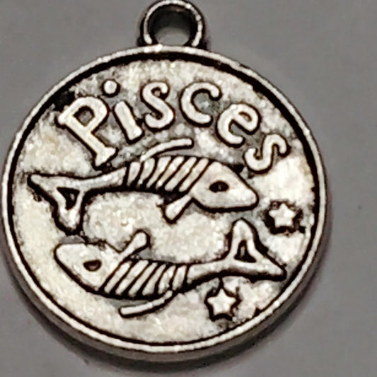 Pisces Zodiac Charm Patinated Silver‑Tone Two‑Fish Design 5/8" Medallion Pendant
