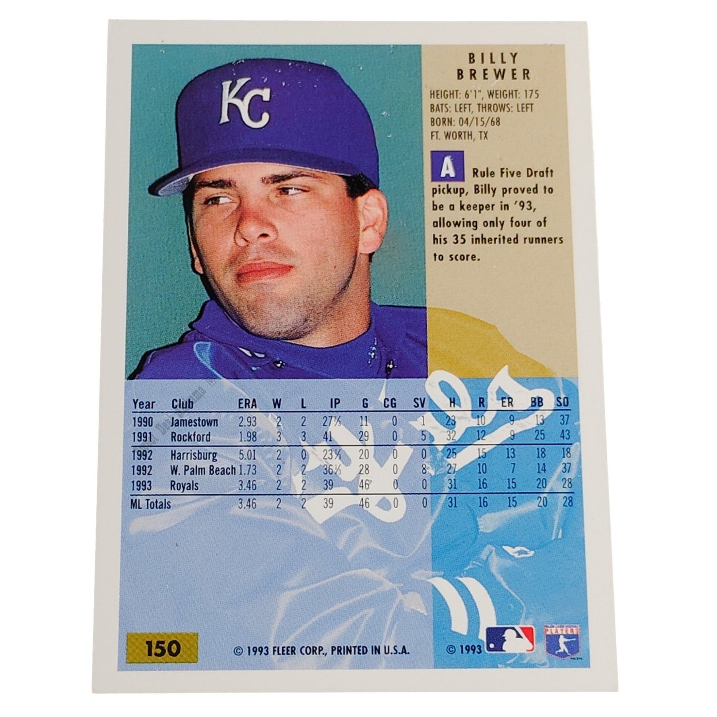 Billy Brewer, Kansas City Royals, #150,  1994 Fleer Baseball Collector's Card