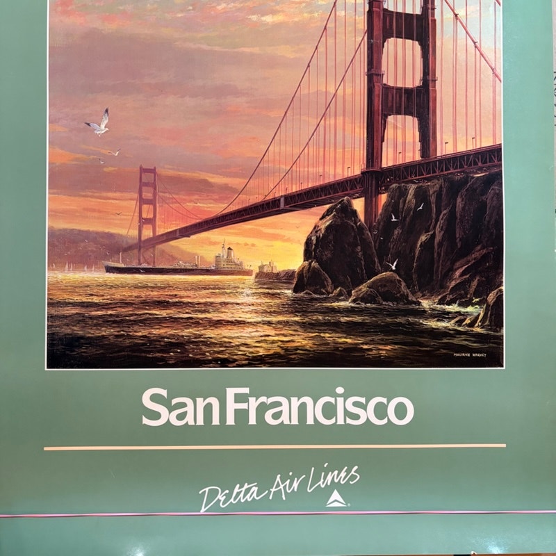 Original 80s Delta Air Lines San Francisco Poster - Golden Gate Bridge Art 28x22