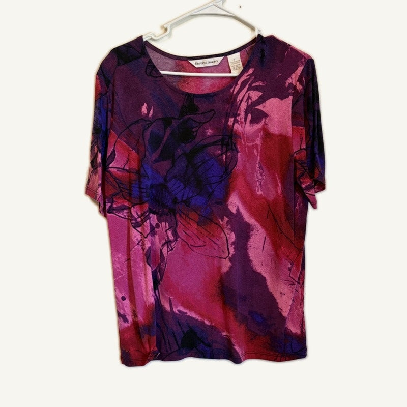 Draper's & Damon's Pink Purple Floral 2-Piece Top & Cover Set w/ Necklace L