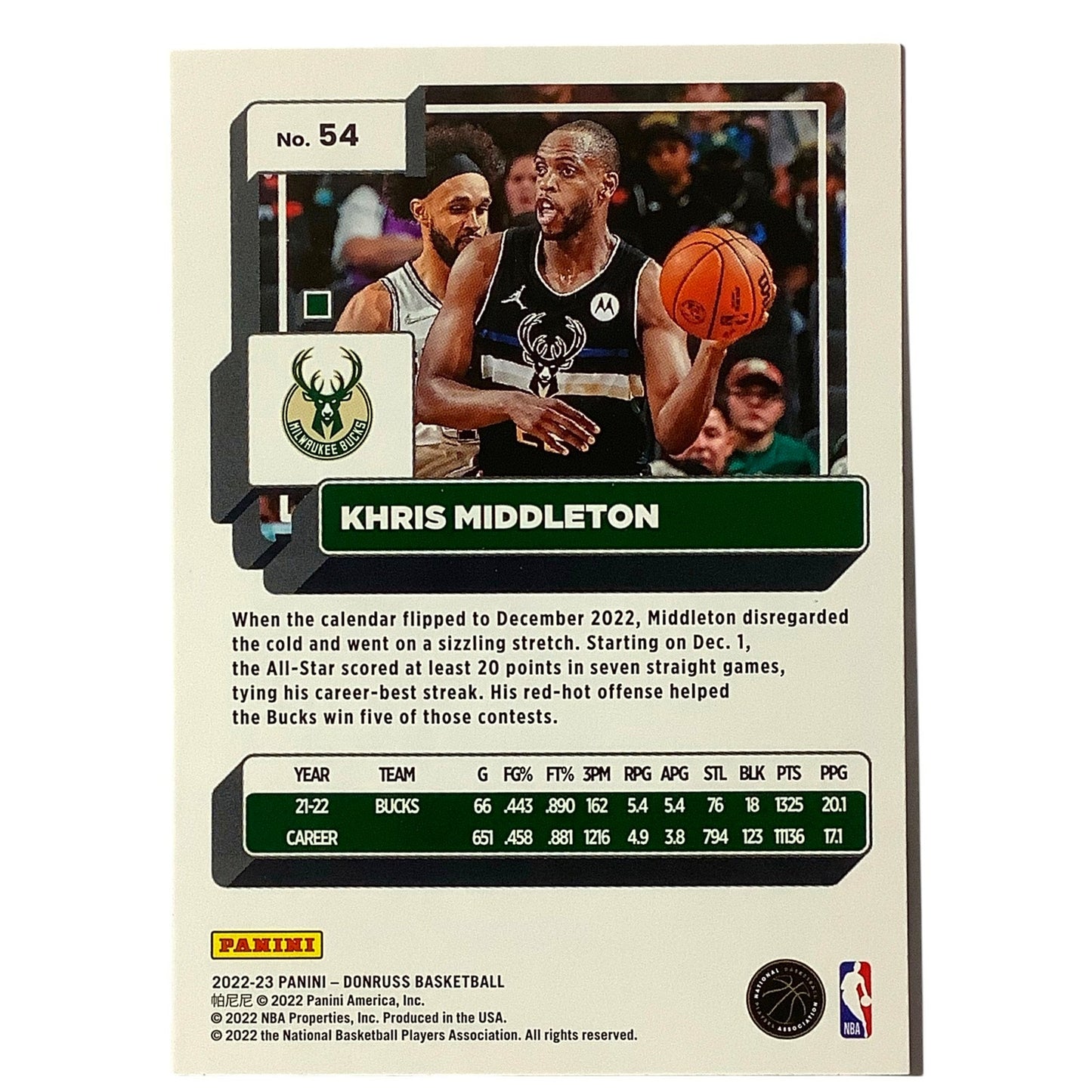 Khris Middleton, Milwaukee Bucks, Card #54, 2022-23 NBA Panini-Donruss