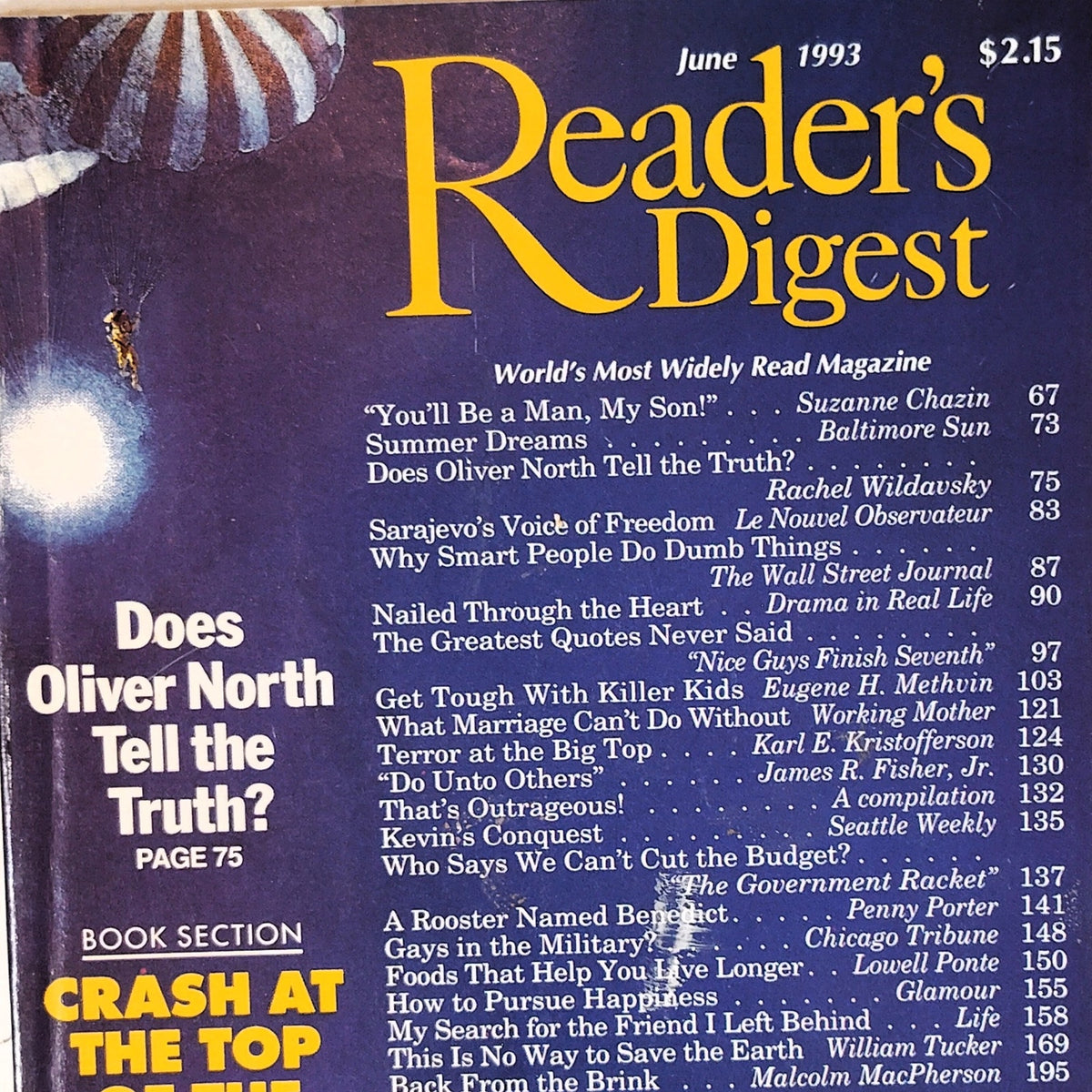 Reader's Digest June 1993 Magazine - Oliver North Cover Vintage Back Issue