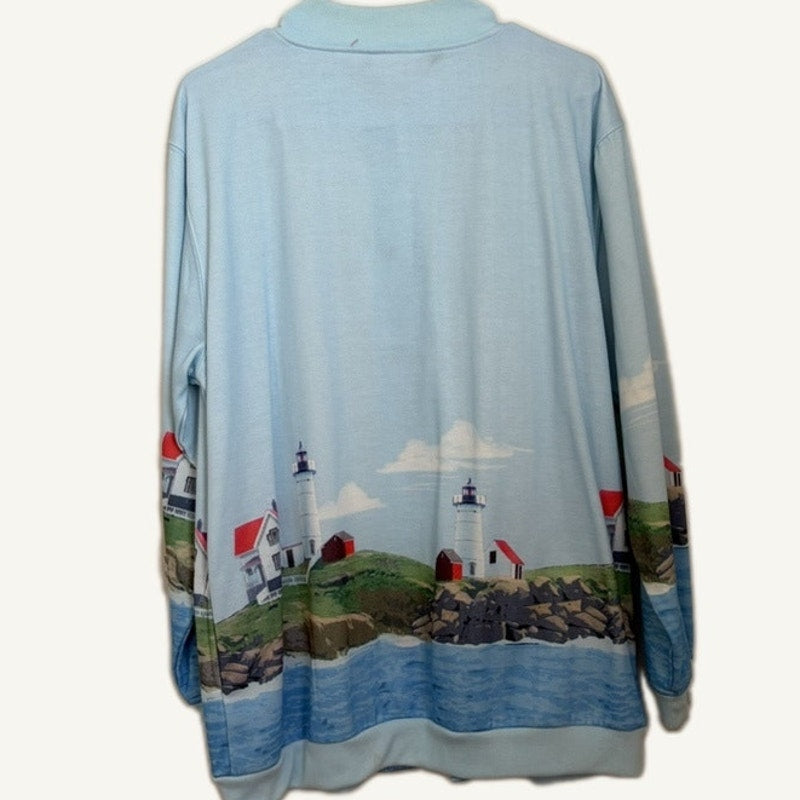 Blair Women's Large Lighthouse Print Button-Up Jacket Light Blue Fleece Lined