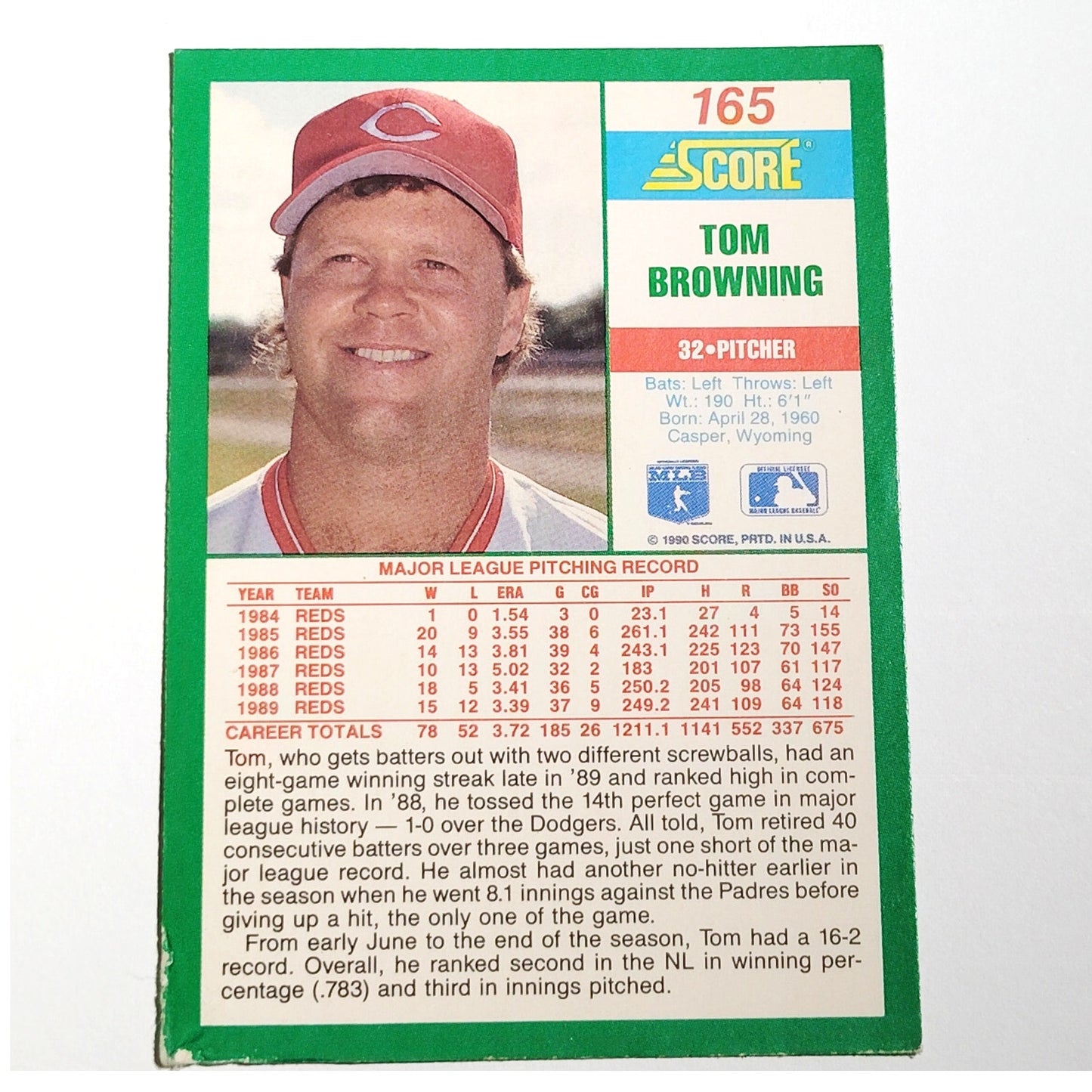 1990 Score Tom Browning #165 Cincinnati Reds Pitcher All Star MLB EX
