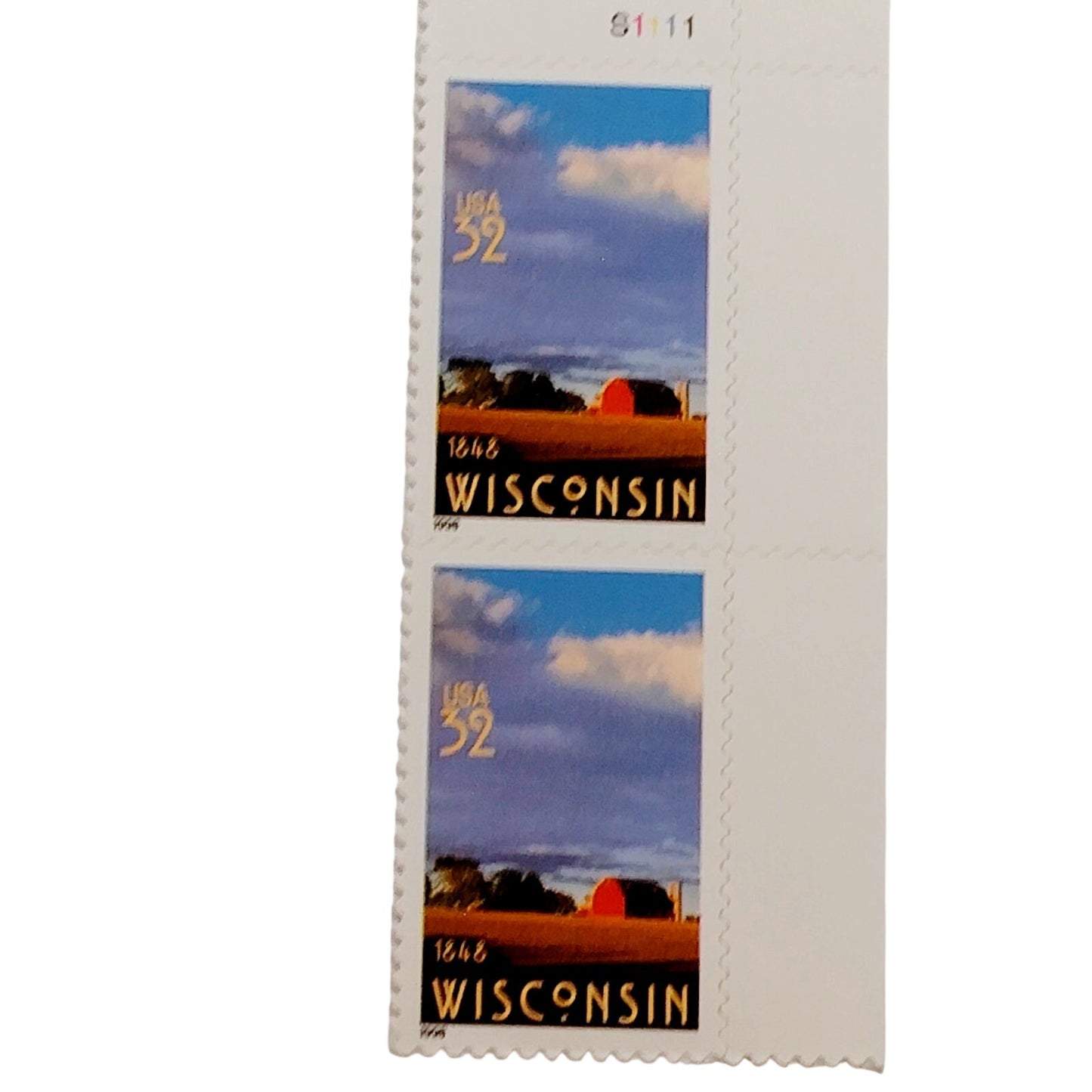 Vertical Pair – 1998 USA 32¢ Wisconsin Statehood MNH Scott 3206 – Barn Design