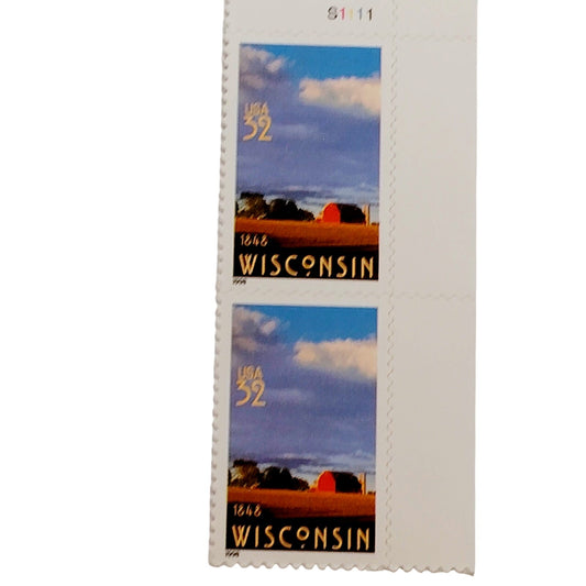 Vertical Pair – 1998 USA 32¢ Wisconsin Statehood MNH Scott 3206 – Barn Design