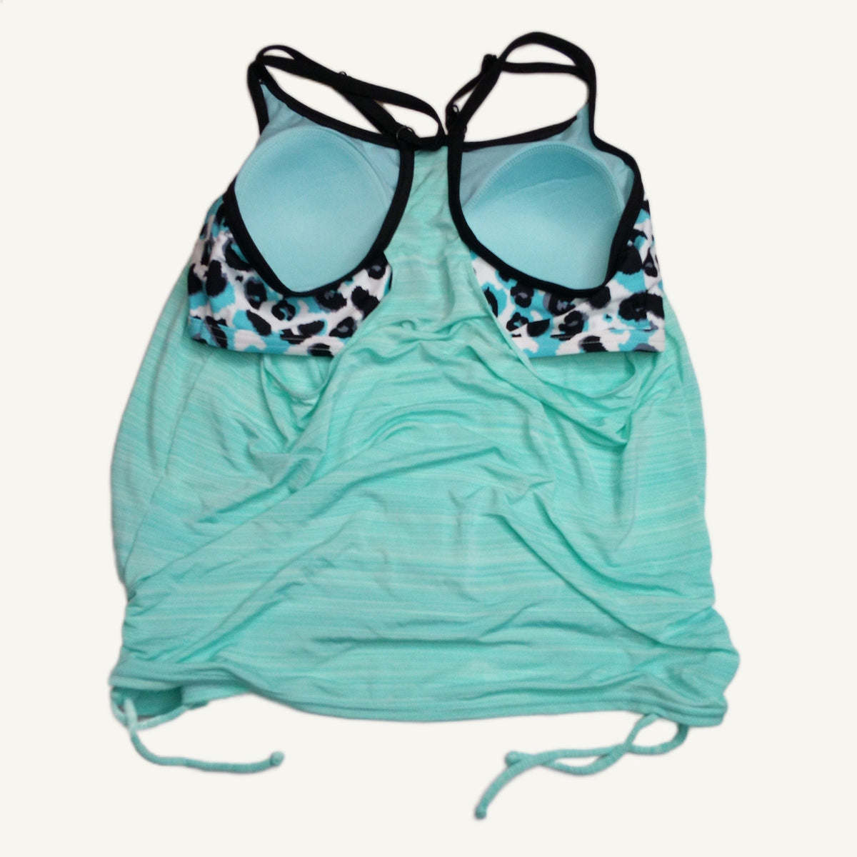 L Teal Leopard Print Racerback Tankini Top with Built-in Padded Bra