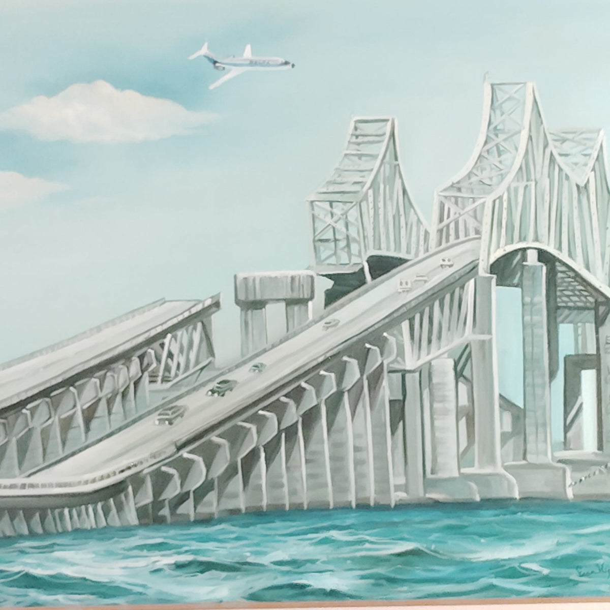 Fran Hyland Original Oil Painting Sunshine Skyway Bridge Disaster W/ Delta Plane