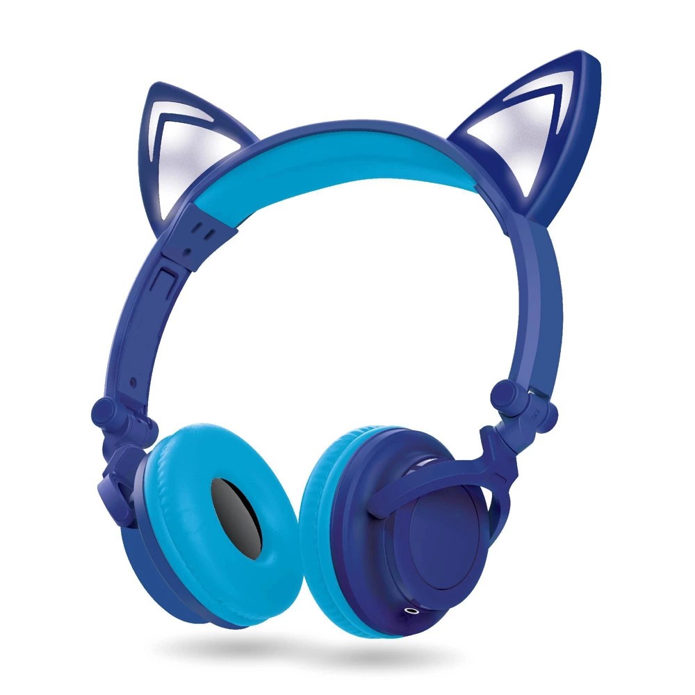 LED Light‑Up Kawaii Cat Bluetooth/Wired Headphones, Kids Over‑Ear Headset, Blue