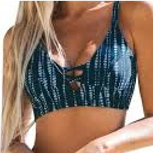 Cupshe Black Teal Striped Lace Up Bikini Top Women’s Small