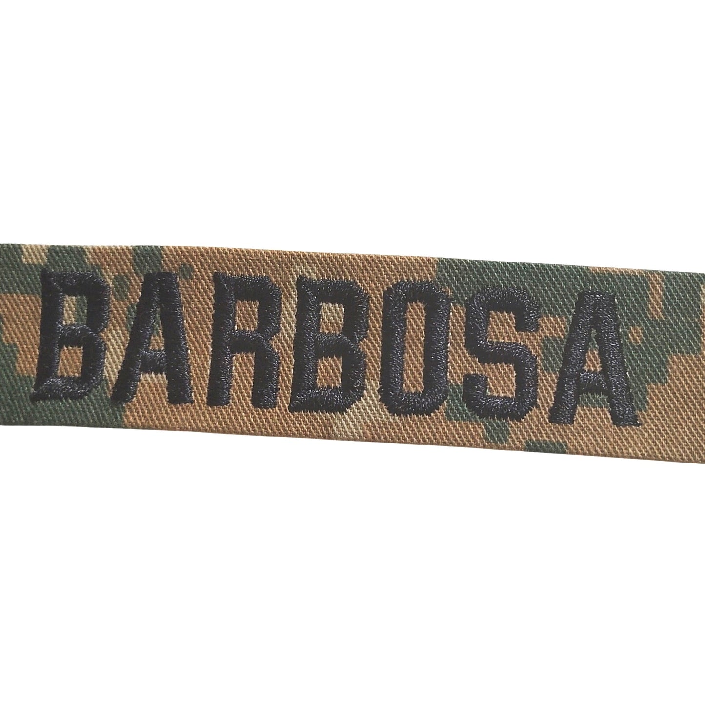 Name Tape “BARBOSA” – Woodland MARPAT – 7.75" × 1" TE Sew‑On Novelty Patch