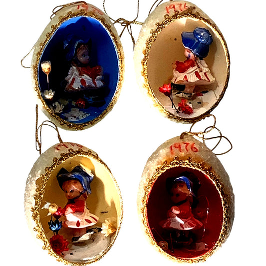 Lot of 4, Handcrafted Eggshell Diorama Ornaments, Vintage 1976,