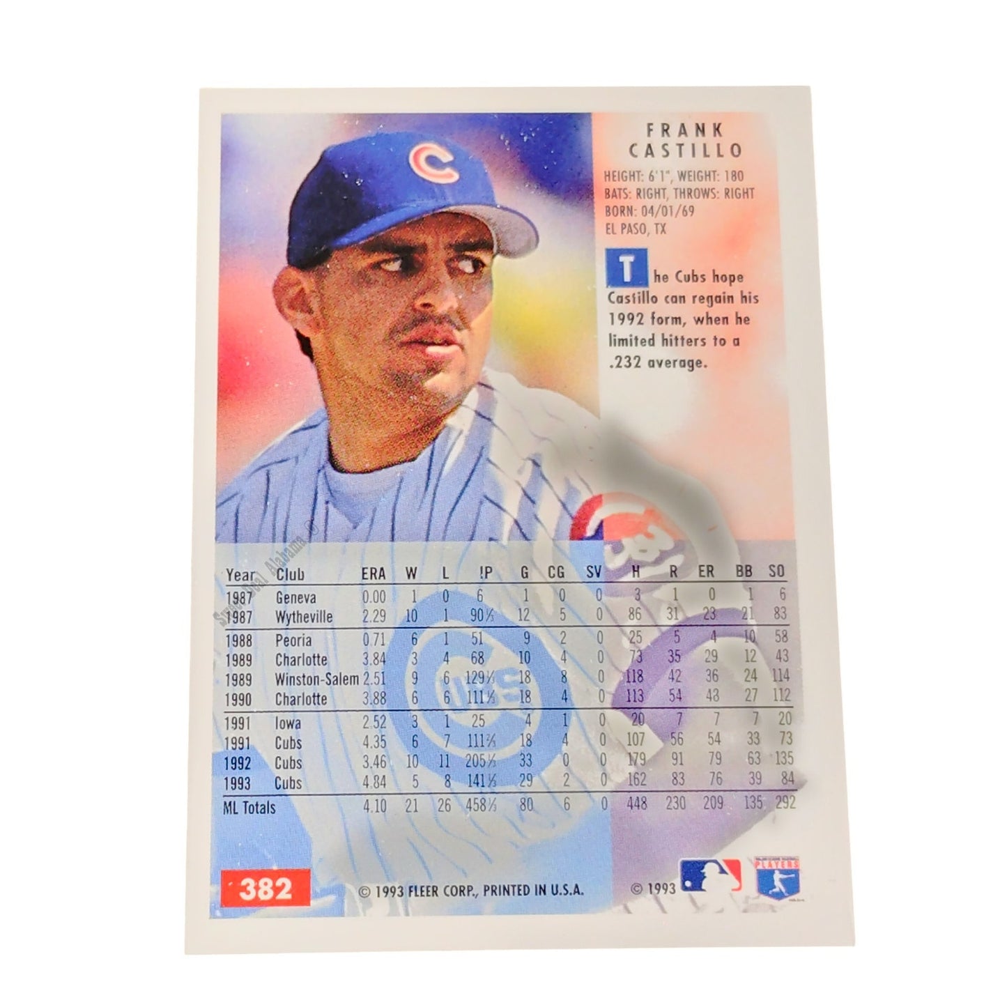 Frank Castillo, Chicago Cubs, #382, 1994 Fleer Baseball Collector's Card