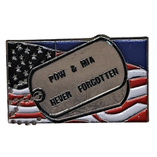 POW MIA Never Forgotten Dog Tag Superimposed on Flag Hat Lapel Pin 1‑1/8" × 5/8"