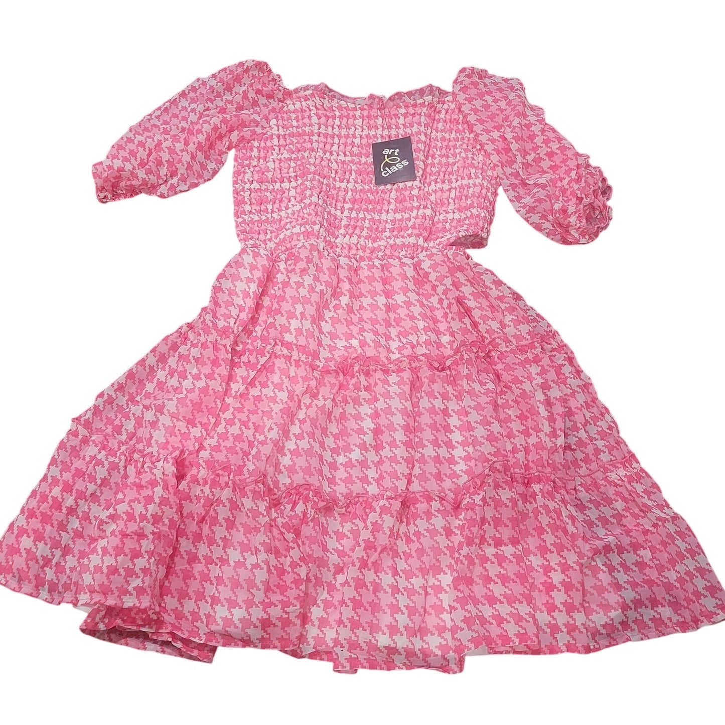 Art Class Girls' Smocked Bodice Tiered Dress, Pink & White Houndstooth XXL 16/18