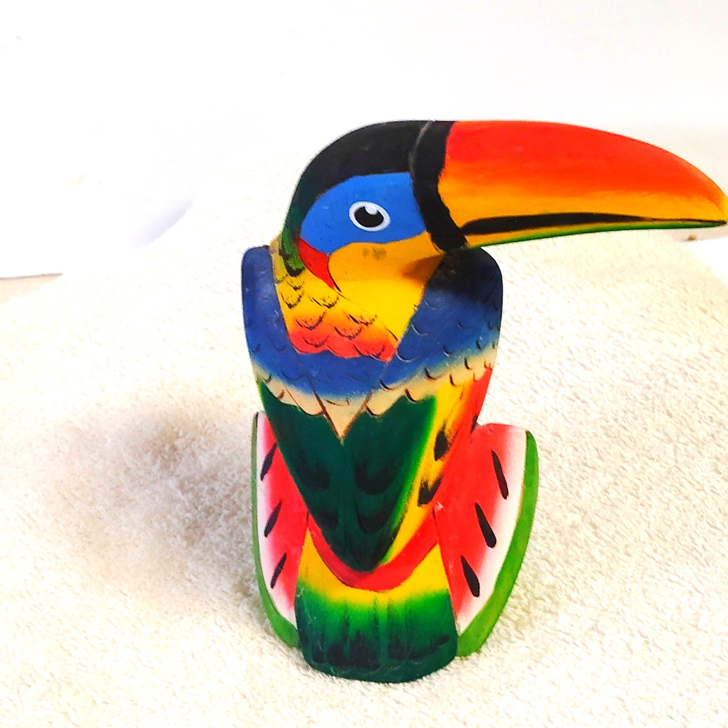 VTG Costa Rica Hand‑Carved Balsa Wood Toucan Watermelon Folk Art Figurine