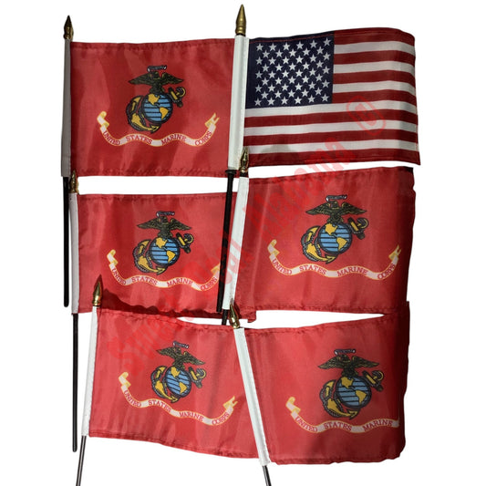6-PK Flags, U.S. Flag (1) & USMC Flags (5)- 6"W x 4"H on 11" Black Plastic Staff