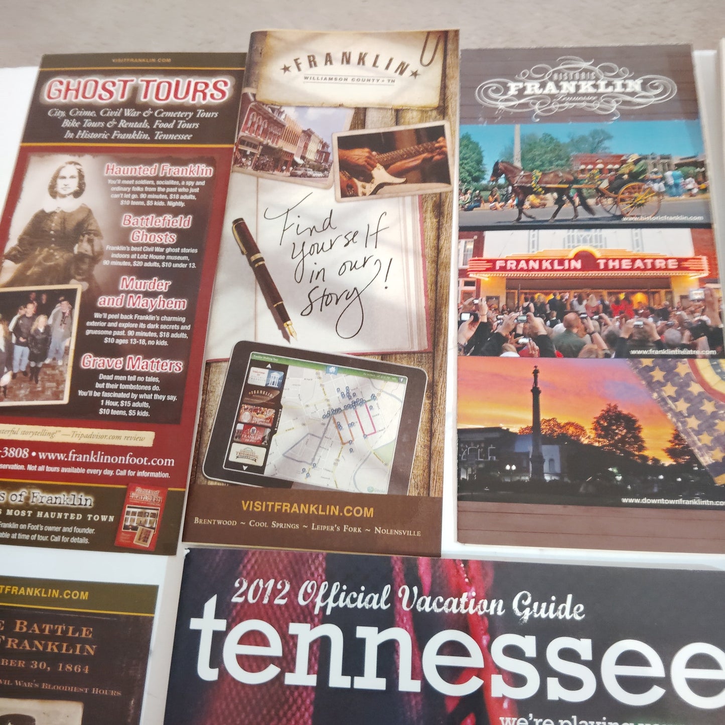 Franklin, TN & Tennessee Tourism Ephemera Lot - 2012 Guides & Maps