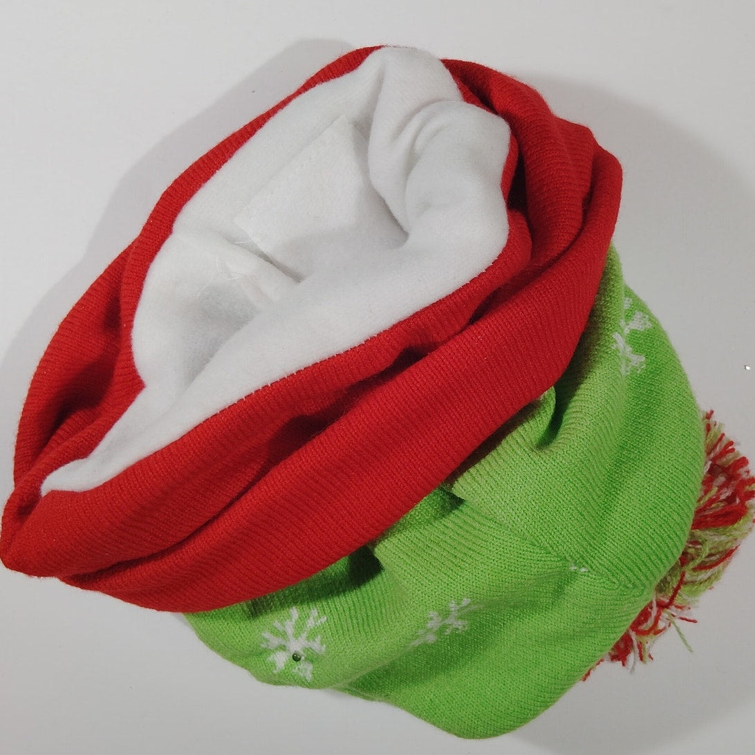 Light Up Holiday Winter Skull Cap "Happy Holla Days" LED Pom Beanie Hat Adult OS