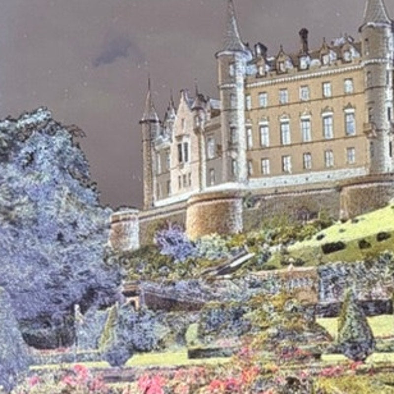 Vintage 1980s Holographic Foil Etching Print Dunrobin Castle Scottish Highlands